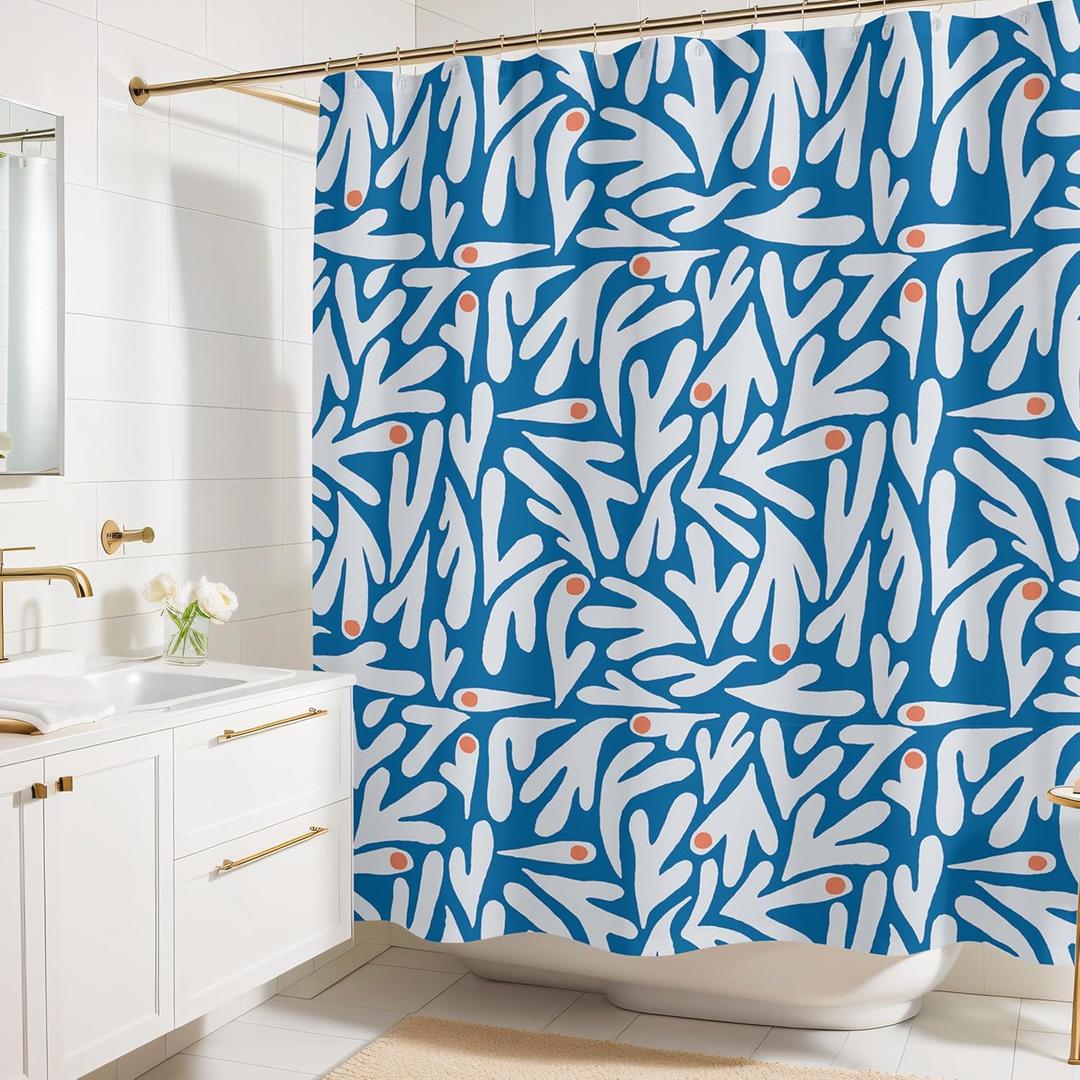 Matisse Blue and White Boho Modern Fabric Shower Curtain, Abstract Floral Art Shower Curtain, 72x72 Inches (Matisse)