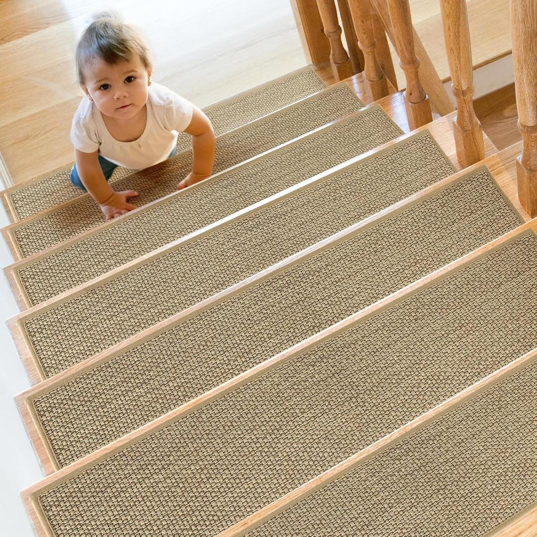 SMILOOL Stair Treads Non Slip for Wooden Steps Indoor 15 Pack 8" X 30" Carpet Stairs Runner for Wood Stairs, Stair Tread Rugs with Reusable Adhesive for Dogs Kids and Elders, Machine Washable, Beige