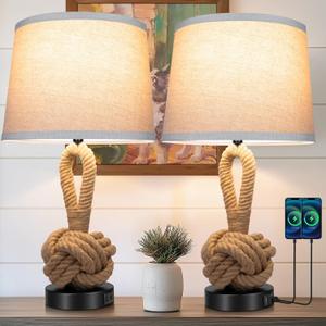 22" Rope Lamps for Night Stands, Bedside Lamps Set of 2, Boho Table Lamps for Living Room End Tables, 3-Color Temperatures Boho Lamp with Rotary Switch, Rattan Lamp with USB Ports, Bulbs Included