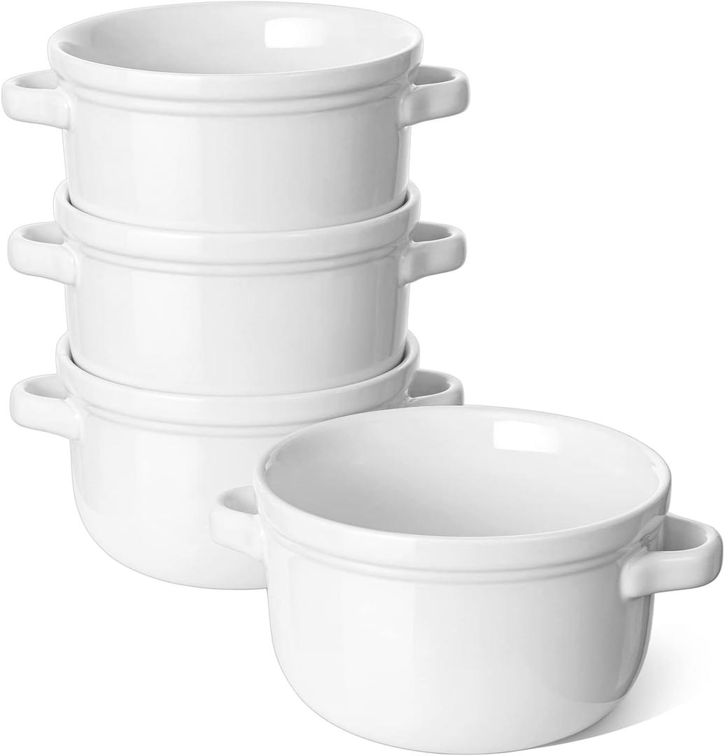 LE TAUCI Soup Bowls With Handles 28 oz, French Onion Soup Bowl for Chili, Beef Stew, Cereal, Ceramic Soup Crocks oven Safe, Microwave Dishwasher Safe - 5.5 inch, Set of 4, White