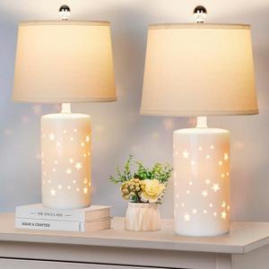 20.5" Modern White Ceramic Table Lamp Set of 2 for Bedroom Living Room Desk Lamp Small Bedside Lamps with Nightlight for Study Room Office Dorm Nightstand Lamp Side Table Lamp-LED Bulbs Include