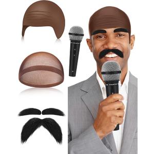 5 Pieces Halloween Speaker Costume Include Brown Bald Cap Extended Microphone Mustache Eyebrows for Men, Women, Adults (Black)