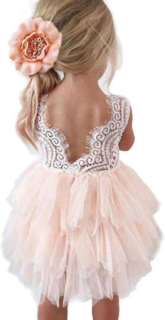 Topmaker Backless A-line Lace Back Flower Girl Dress (1T, Non-beads-pink)