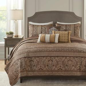 Madison Park Quilt Traditional Damask Design All Season, Lightweight Coverlet Bedspread Bedding Set, Matching Shams, Pillows, Full/Queen(90"x90"), Bellagio, Jacquard Brown/Gold 6 Piece (MP13-368)