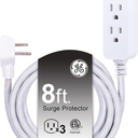 GE 3-Outlet Power Strip Surge Protector 8 Ft Braided Extension Cord with Multiple Outlets Grounded Flat Plug ETL Listed White 38433