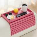 Bamboo Couch Arm Tray TableFoldable Sofa Armrest Tray Table for CouchFlexible and Anti-Slip Couch Arm Cup HolderPortable Sofa Arm Chair Table for Drink,Cups, EatsSnacks, Phone, Remote (Pink)