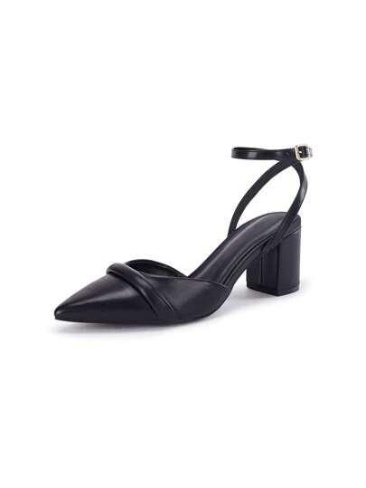 Coutgo Chunky Low Heels for Women Closed Pointed Toe Heel Sandals Ankle Strap Pumps Wedding Dress Shoes (6.5, Black)