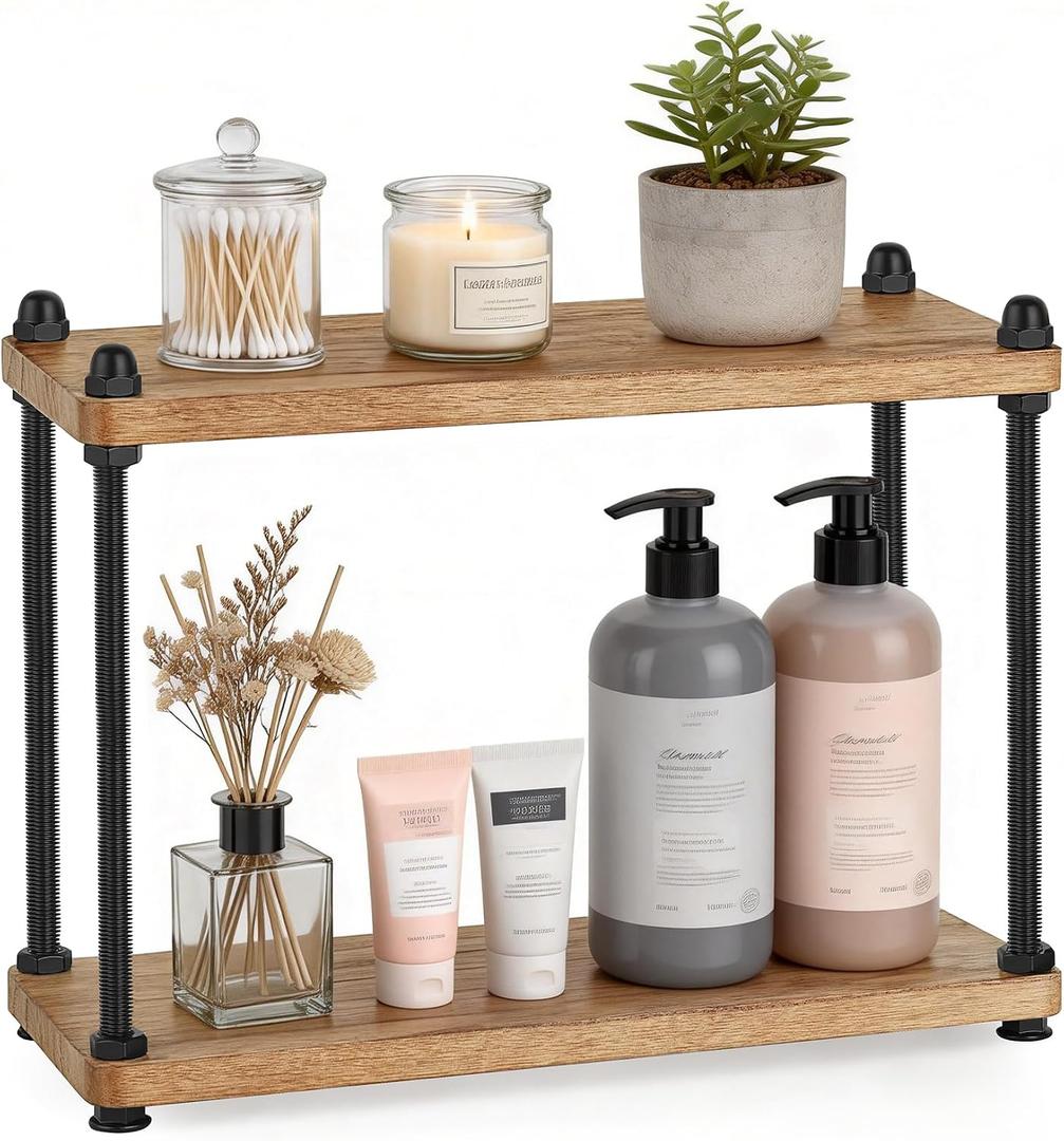 Mkono Bathroom Counter Organizer, 2 Tier Wooden Shelf for Vanity Countertop Skincare Makeup, Rustic Bathroom Decor Storage and Organization for Kitchen, Coffee Bar, Office, Light Brown