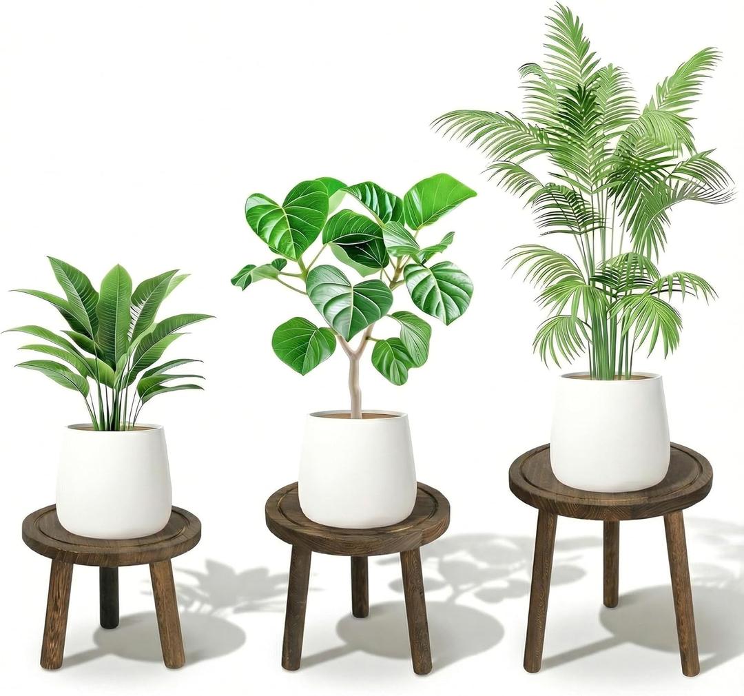 SEQUEDA Wood Plant Stands Indoor, 3-Pack Single Plant Stand for 6-12 Inch Pots, Mid-Century Modern Plant Stool, Tall Wooden Plant Stand for Large Plants Perfect Fit for Living Room, Balcony, Office(Dark Brown)