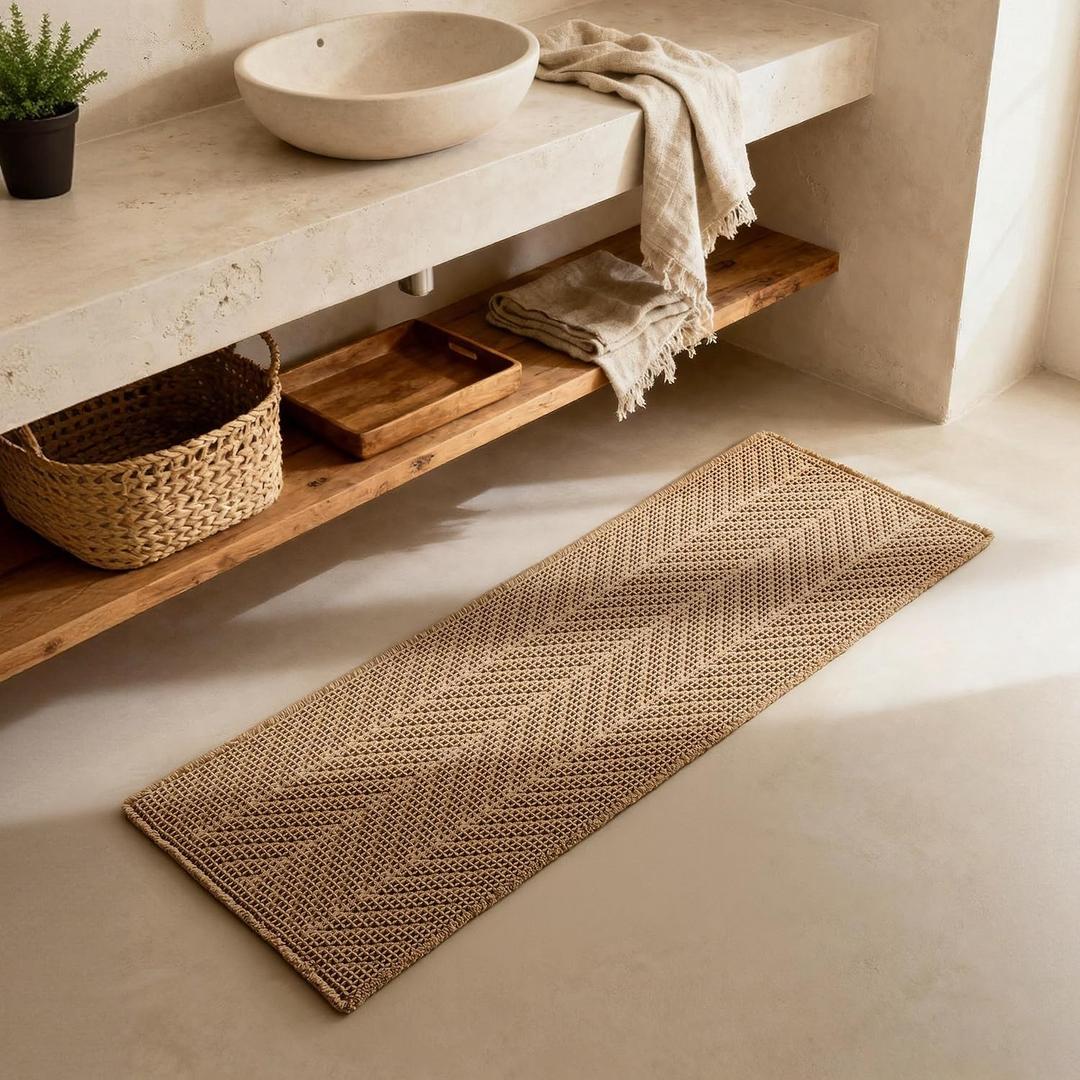 Sunfly Bathroom Runner Rug,Boho Herringbone Waffle Bath Mat Non-Slip Washable Super Absorbent Quick Dry, Farmhouse Bath Mat for Bathroom Floor Decor 24"x72" Khaki