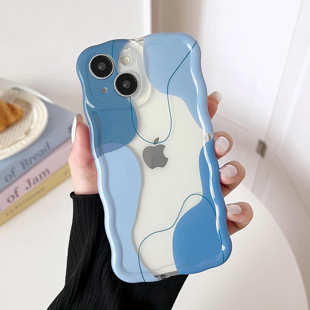 DEFBSC for iPhone 14 Plus/15 Plus Case, Cute Clear Wavy Art Design Aesthetic Pattern Phone Case for Women Girls, Wave Frame Durable Protective Cover Full Camera Protection Bumper, Blue