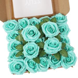 YUZZ Artificial Roses Flowers 25pcs Realistic Artificial Silk Fake Roses with Stems for DIY Wedding Bouquets, Centerpieces, Bridal Show Party, Home Decoration(Tiffany)