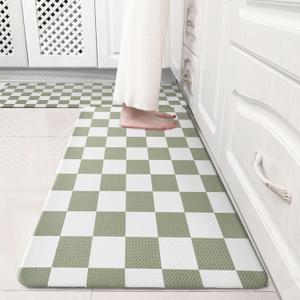 Sage Green Checkered Grid Checkerboard Kitchen Rug Sets [2 PCs], Anti-Fatigue, Waterproof Non-Slip Kitchen Mats Heavy Duty Comfort Foam Rug for Kitchen, Floor, Home,Laundry,17"x29"+17"x47"