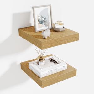 Fun Memories Floating Shelves for Wall - 10" x 10" Wood Shelf with Invisible Bracket - Deep Floating Shelves - 10 Inch Shelf Wall-Mounted for Living Room & Bathroom - Oak - Set of 2