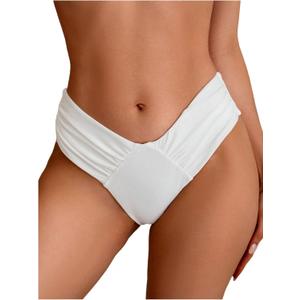 SHENHE Women's V Cut High Leg Ruched Mid Rise Bikini Bottom Swimwear Bathing Suit (White, L)