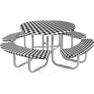 Moukeren Round Picnic Table Cover with Bench Cover Vinyl Fitted Picnic Tablecloth Round Waterproof Wipeable Table Cover with Elastic Edge for Camping Outdoor Patio, Black and White Grid,5 Piece Set