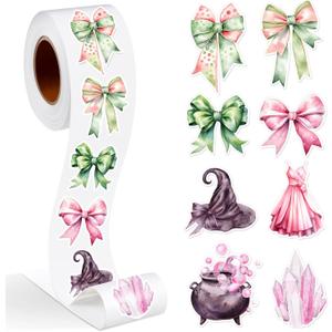 Bows Sticker Roll 500 Pcs Y2k Bows Stickers Pink and Green Party Favor Reward Cute Office Supplies for Witch Birthday Party Supplies