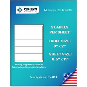Premium Label Supply Matte White Water Bottle Stickers- NOT Waterproof  8" x 2"  Laser/Inkjet Compatible  (5 per Sheet), 100 Sheets  500 Total Adhesive Labels