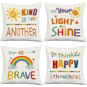 Colourful Words Inspirational Quotes Rainbow Sun Be Kind Brave Happy Sunshine Decorative Classroom Throw Pillow Cover Cushion Case for Kids Gifts,Home Sofa Bed Playroom Decor 18 x18 Inch Set Of 4