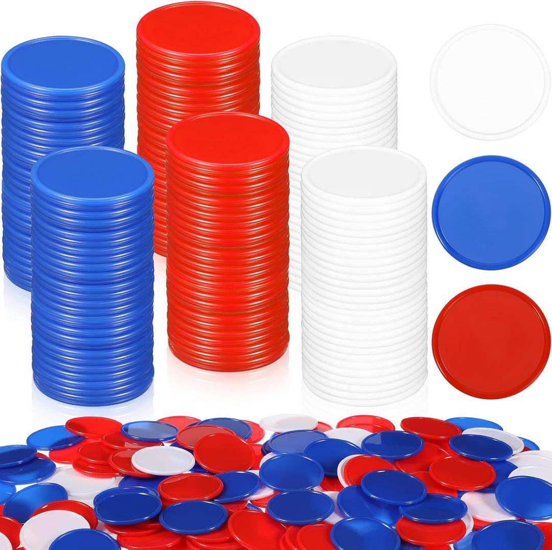 Wettarn 600 Pcs Plastic Poker Chips 1.45 Inch 3 Colors Blank Bingo Chips for Adults Poker Counters Learning Math Counting Play, Red, Blue, White