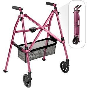 Stander Wonder Walker Plus, Lightweight Folding Mobility Aid for Adults, Seniors, and Elderly, Collapsible Travel EZ Fold-N-Go with Wheels, Glides, & Basket, Regal Rose