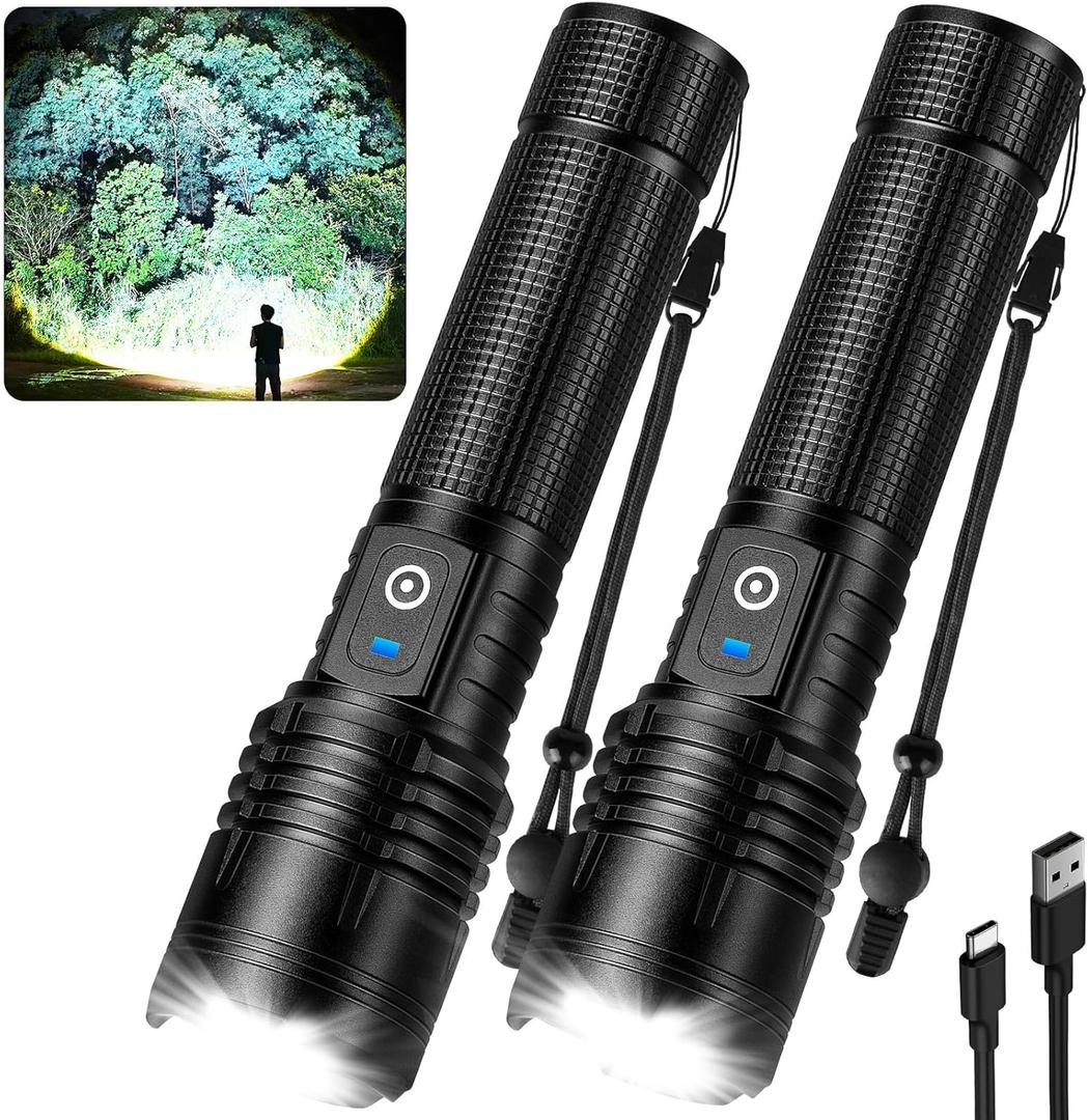 Flashlight Rechargeable LED High Lumens, 99,000 Lumens Super Bright Flash Lights with 5 Modes, AdjustableWaterproof Powerful Linterna for Home, Camping (2 Pack)