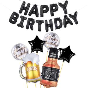 Beer Cup Balloons Whiskey Bottle Beer Mug Shape Black Happy Birthday Mylar Foil Balloon 16 Inch Summer Party, Birthday Party Decorations for Women and Men (Black Balloons)