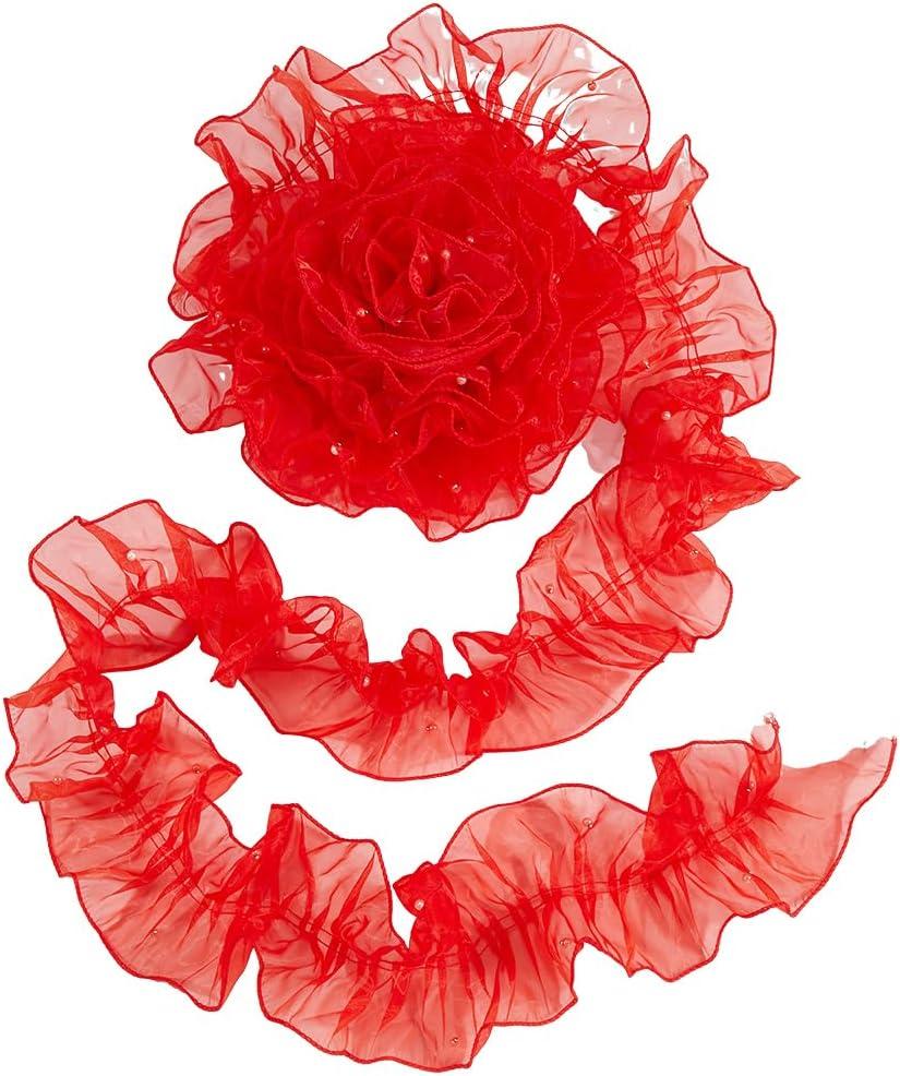 GORGECRAFT 5 Yards Red Lace Ribbon Organza Fabric Ruffle Pleated Trim 4.72 Inch Width Retro Tulle Chiffon Trimmings Edge Pearl Beads Applique Border for Sewing Dress Costume Decoration DIY Crafts