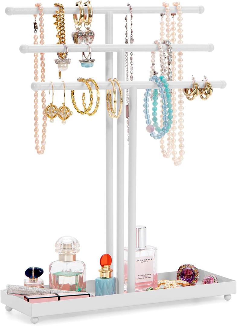 AUTODECO Jewelry Organizer Stand 3 Tier Tabletop Bracelet Rings Watches Necklace Display with Tray Great for Women White