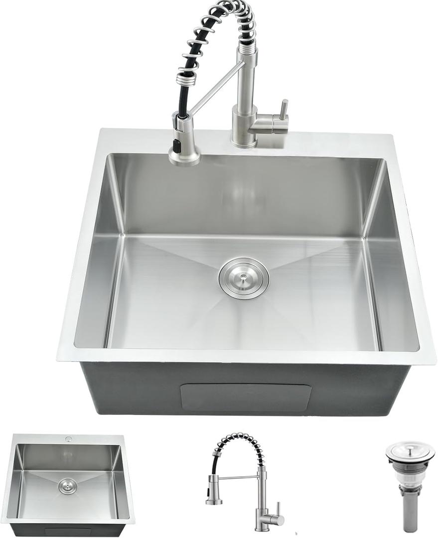 25 Inch Drop In Utility Sink with Faucet, 25"x22"x12" Drop In Laundry Sink 16 Gauge Stainless Steel Utility Sink 12" Deep Single Bowl Laundry Room Sink (Brushed Nickel)