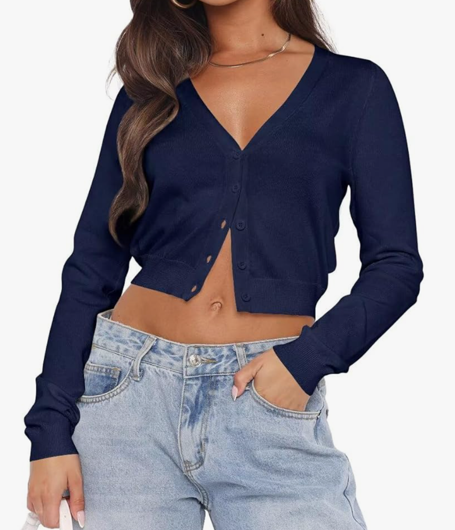 LEEDYA Women's Long Sleeve Cardigans Open Front Knit Cropped Sweaters Fall V Neck Button Down Jacket Tops Size Small