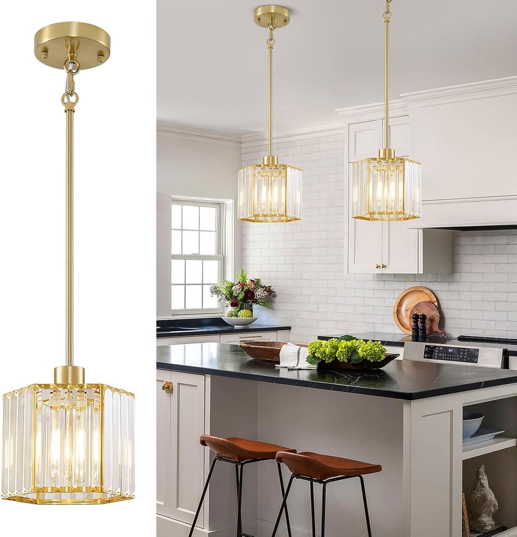 XSDeTu 2 Pack Gold Pendant Lights Kitchen Island, Modern Crystal Pendant Light Fixtures, 1-Light Small Farmhouse Chandelier, Adjustable Brass Hanging Light Fixture for Dining Room, Hallway, Bedroom