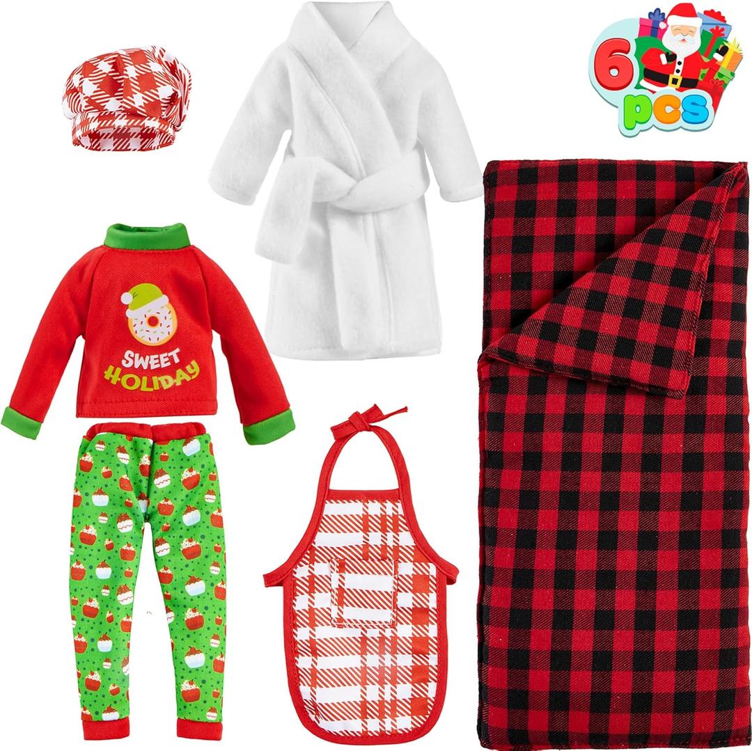 JOYIN 6 PCS Christmas Doll Clothes, Christmas Doll Sleeping Bag, Apron Bathrobes and Hat for Holiday Outfits Accessories Decorations