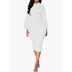 BestGirl Women's Bishop Sleeve Bodycon Dresses Work Casual Floral Print Pencil Midi Dresses,XL