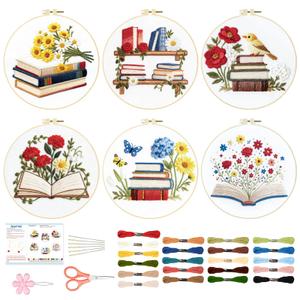 BEUNITONE Books Flowers Embroidery Kit, 6PC Literary Themed Cross Stitch Set for Book Lovers, Reading Hobby DIY Craft, Unique Home Decor Gift Idea