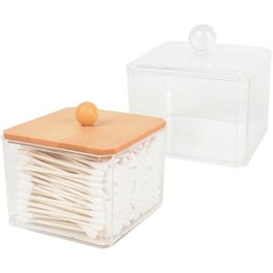 2pcs Acrylic Qtip Holder Dispenser with Lids, Clear Square Bathroom Canisters Plastic Storage Container