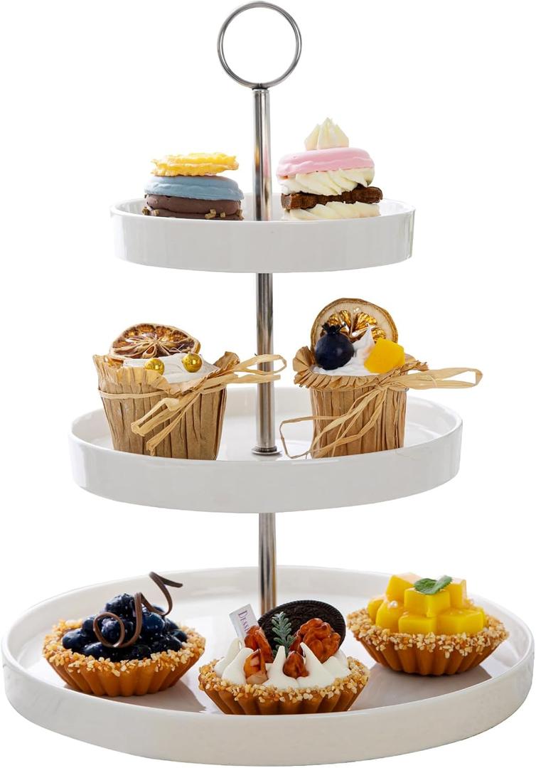Sweese Porcelain 3-Tier Cupcake Stand - Elegant White Cake Stand for Desserts, Tiered Serving Tray for Parties, Weddings, Birthdays - Durable Stainless Steel Rods (10.5")