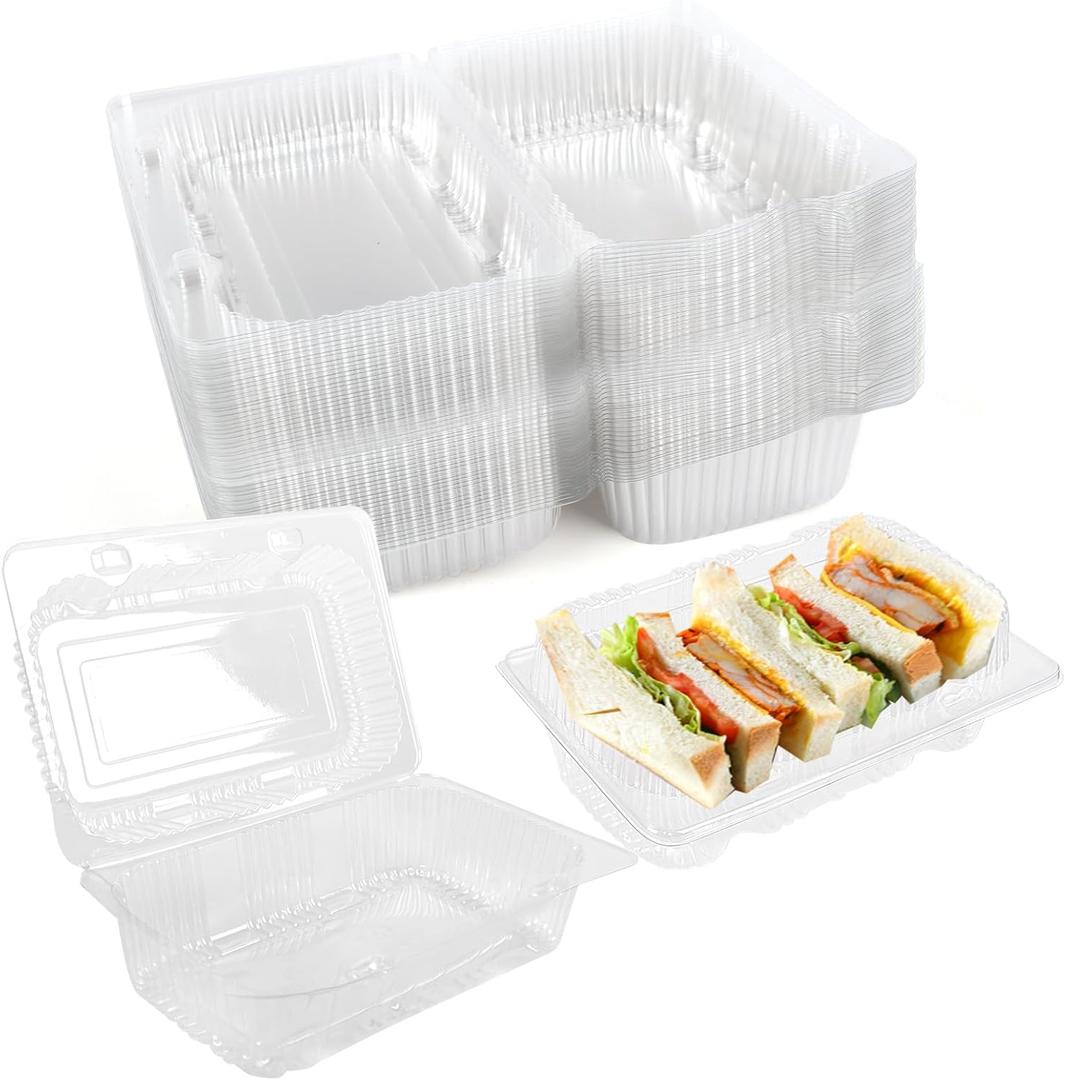 50 Pcs Disposable Sturdy Plastic Hinged Food Containers with Clear Lids, Clamshell Take Out Loaf Containers, Clear To Go Box Cake Slice Salad Pastry Sandwich Container(7.2'' x 4.8'' x 2.8'')