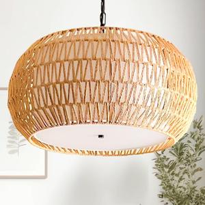 Large Fabric Basket Rattan Chandeliers For Dining Room,Woven Kitchen Lighting Fixtures Ceiling Hanging,5-Lights Coastal Boho Pendant Light Fixture,Rustic Wicker Dinning Chandelier Over Table (Brown-01)