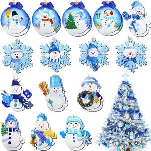 Amyhill 30 Pcs Christmas Blue Snowman Ornaments Wooden Christmas Tree Ornaments Mini Snowman and Snowflake Xmas Tree Hanging Pendant for Winter New Year House Festival Holiday Party Decor
