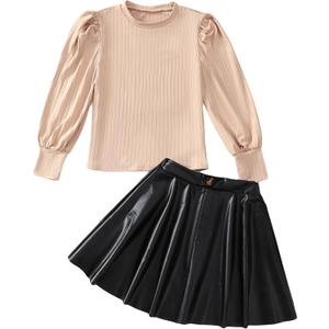 Girls Skirt Sets 2 Piece Outfits Long Sleeve Puff Mock Neck Tops and Plaid Skirts Fall Winter Clothes Size 6-14Y (11-12 Years, Khaki & Black)