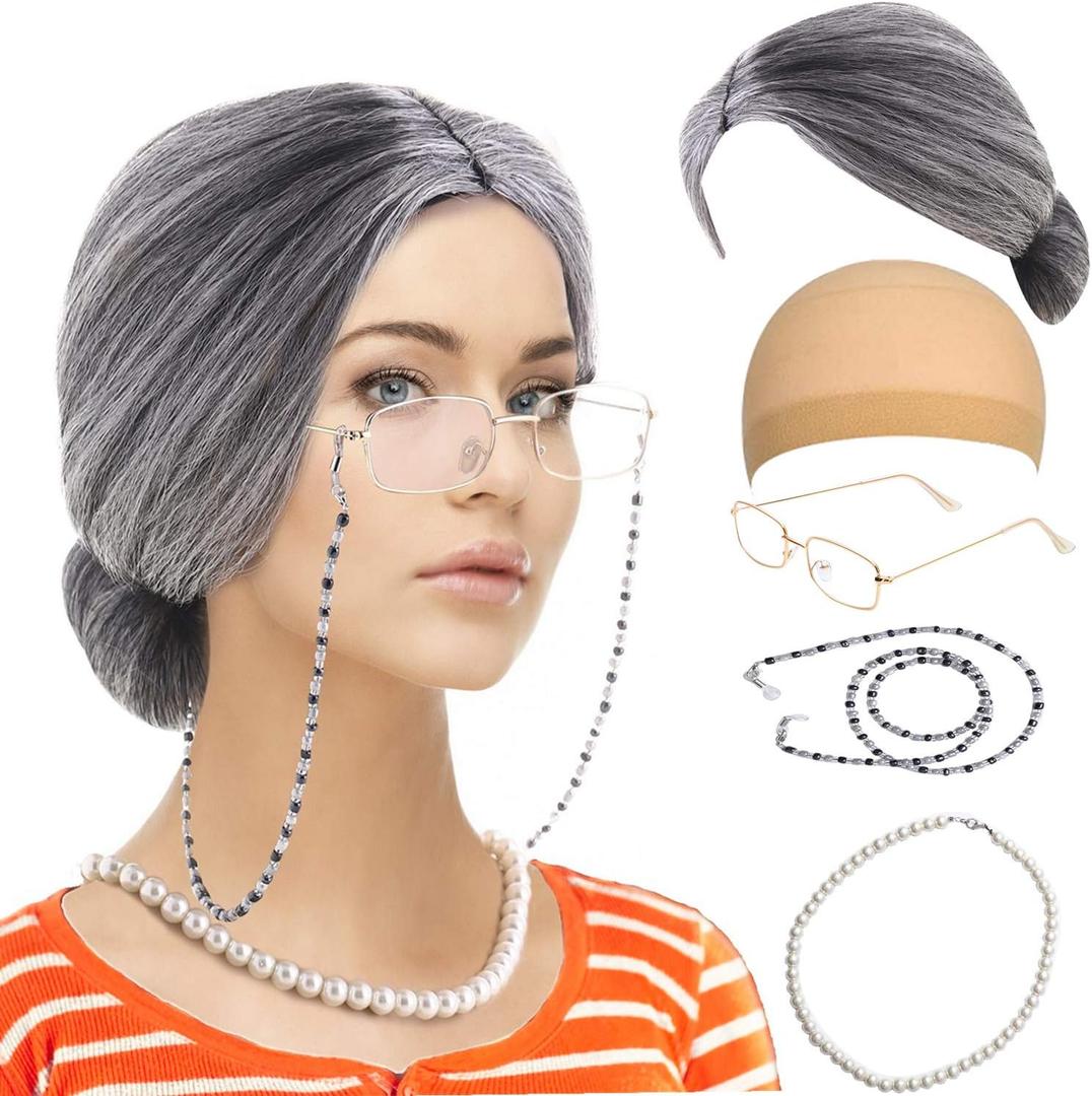 Feacole Old Lady Costume Set-Grandmother Wig,Wig Caps, Madea Granny Glasses, Eyeglass Retainer Chain,Pearl Necklace(5 Pieces) (Bun Gray)