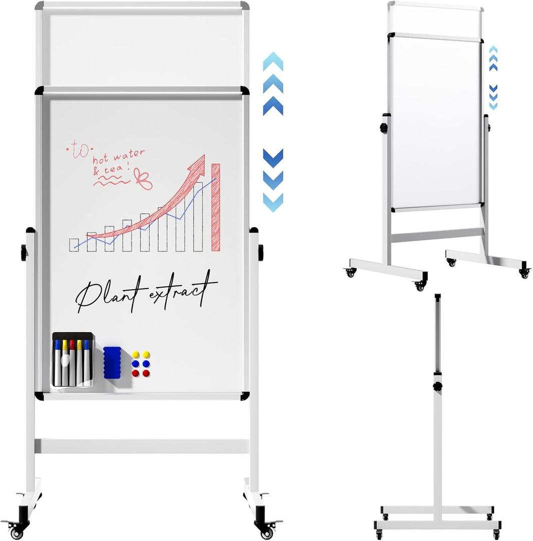 Mobile Dry Erase Board on Wheels, 48 x 28 Magnetic Double Sided Whiteboard Easel, Large Reversible Rolling White Board with Aluminum Frame Standing for Office, Home, Classroom
