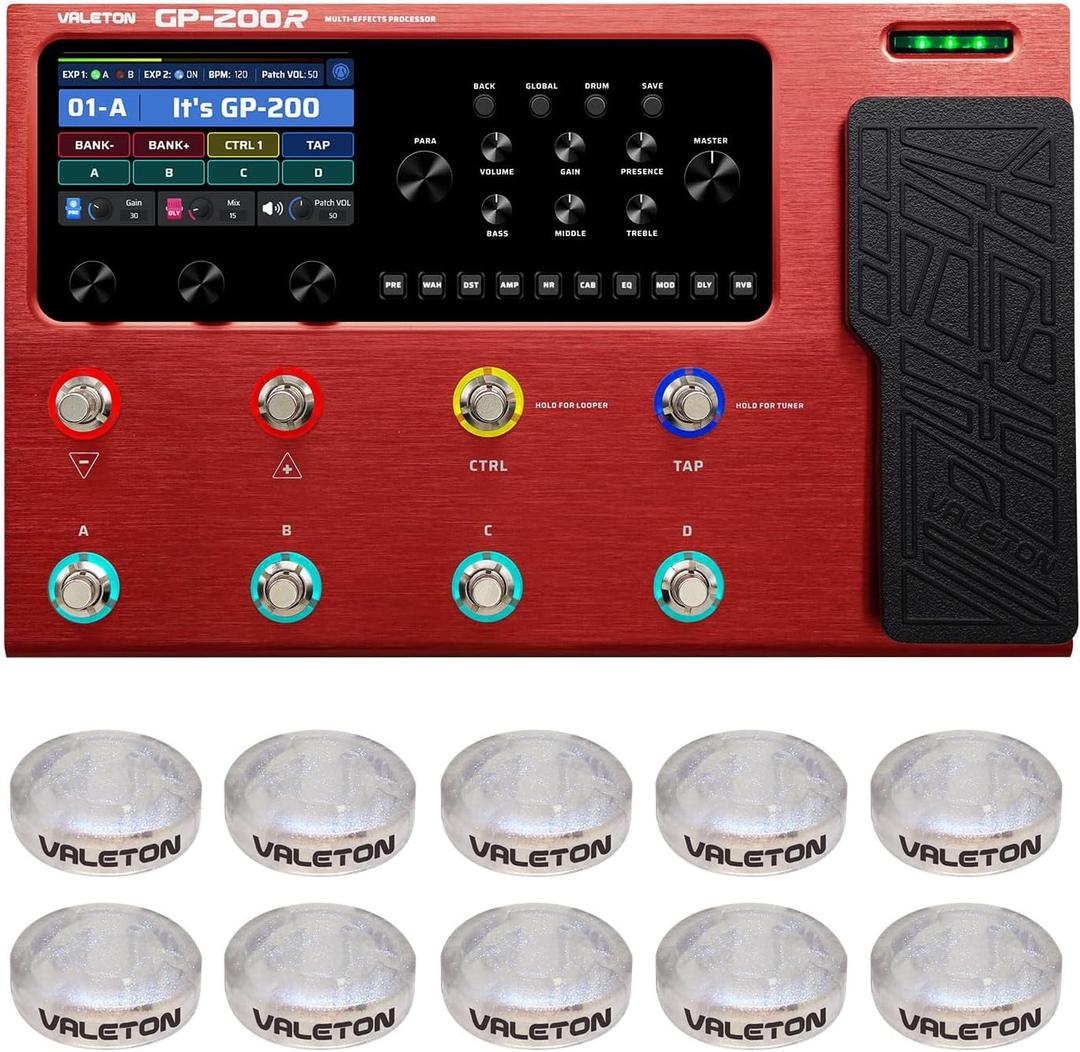 VALETON Multi Effects Processor Multi-Effects Pedal with Expression Pedal FX Loop MIDI I/O Guitar Bass Effects Pedal Amp Modeling IR Cabinets(Include 10 Pcs Additional Footswitch Toppers) (GP-200 Red Version)