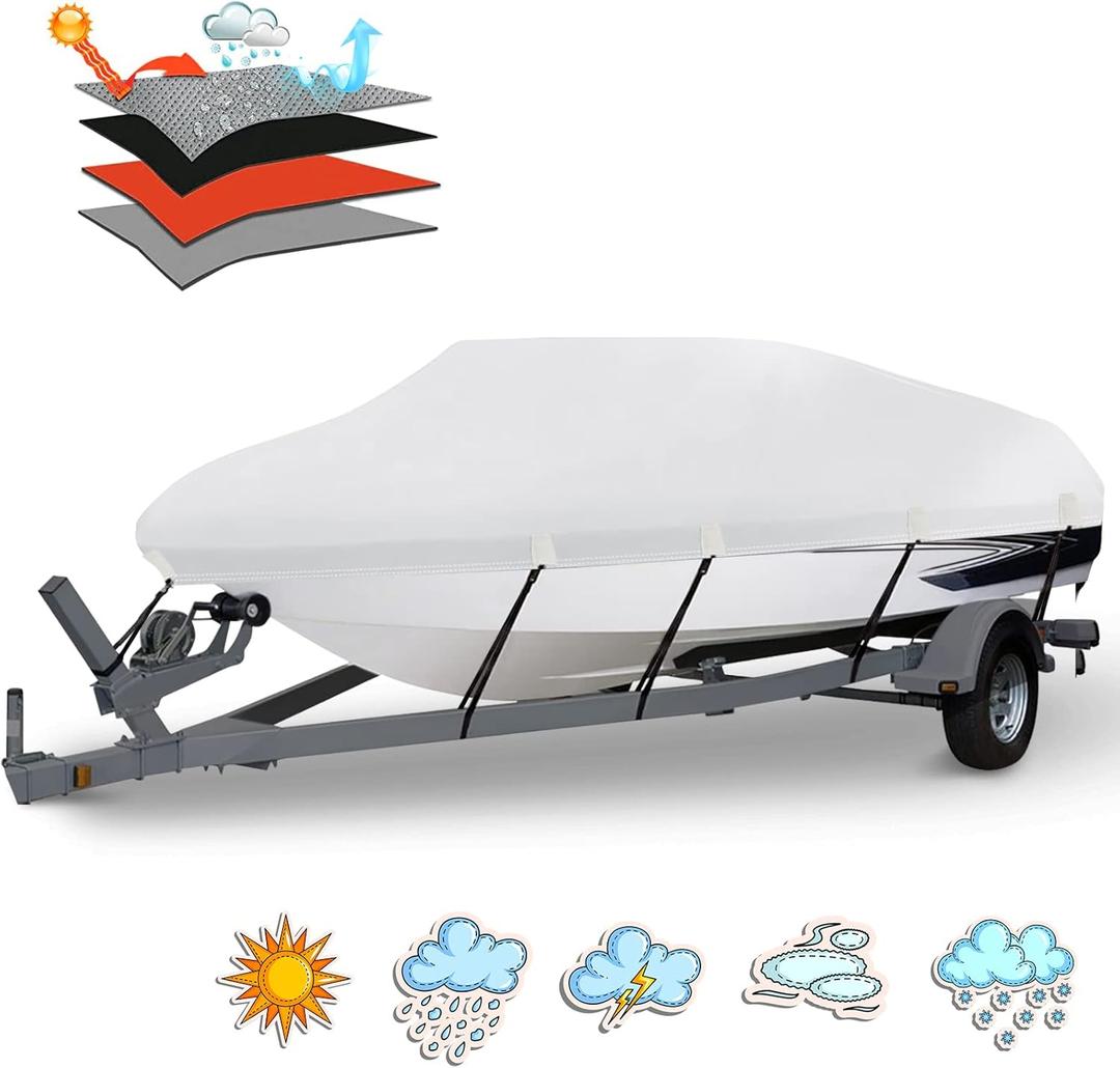 Heavy Duty 1200D PU Waterproof Boat Cover, 20'- 22' Trailerable Marine Grade Polyester Canvas, Fits 20-22ft V-Hull, Runabout, Fishing Boat, Tri-Hull, Pro-Style Bass Boat with Tightening Strap (20'-22' Long (Beam Width Up to 100"), Gray)