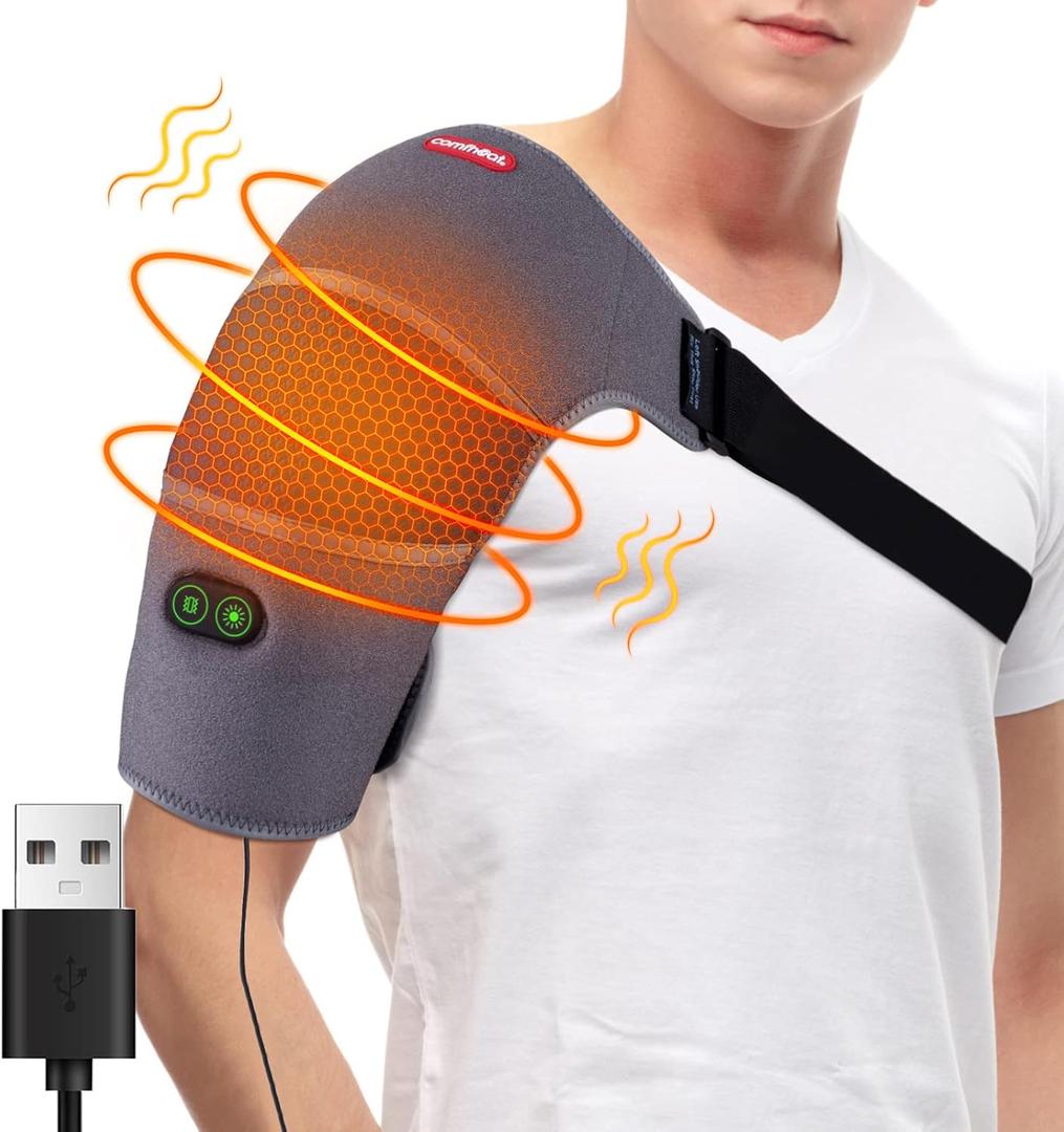 Shoulder Heating Pad Massager for Rotator Cuff Upper Arm Pain Relief, USB Powered Heated Shoulder Wrap with Vibration Massage for Women Men Travel Outdoor (Non-Rechargeable)