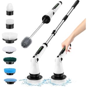 Leebein Electric Spin Scrubber, Electric Cleaning Brush with 8 Replaceable Brush Heads, Long Handle Toilet Scrub Brush, 4 Angles Adjustable Cordless Spin Scrubber for Bathroom, Tub, Tile, Toilet