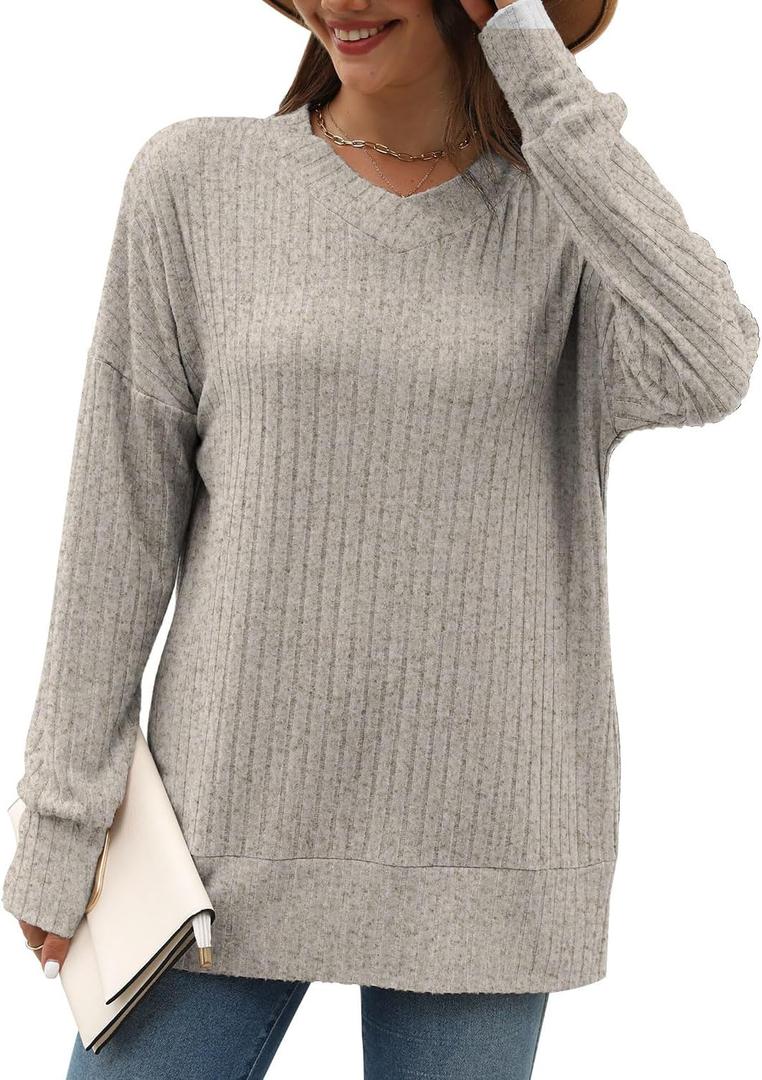 Sweater for Women Top Oversized Fashion Sweater Soft Striped V Neck Long Sleeve Pullover Sweatshirt (XL)