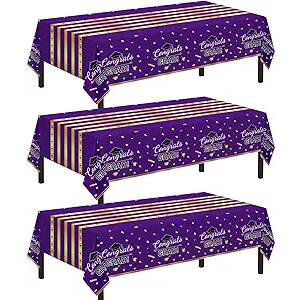 Childom 3 Pack Graduation Tablecloth,Graduation Decorations 2026 Graduation Party Decorations,54"x108"Purple and Gold Graduation Decorations,Disposable Plastic Table Cloth Rectangle for Party Supplies