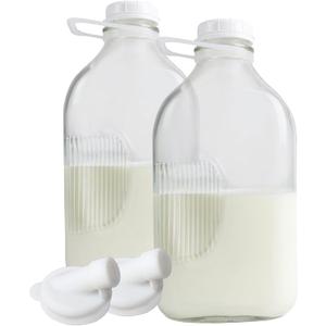 The Dairy Shoppe Heavy Glass Milk Bottles - Jugs with Lids and Silicone Pour Spouts - Clear Milk Containers for Fridge - Reusable Glass Milk Jug Dispenser - Made in USA (64 oz, 2 Pack)